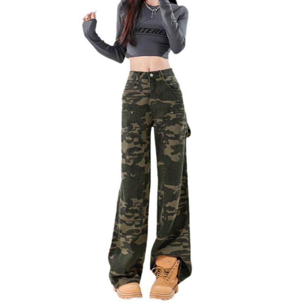 Street-Camouflage High-Waist Utility-Jeans Frühling und Herbst Neues Design Locker Gerade Mop-Jeans