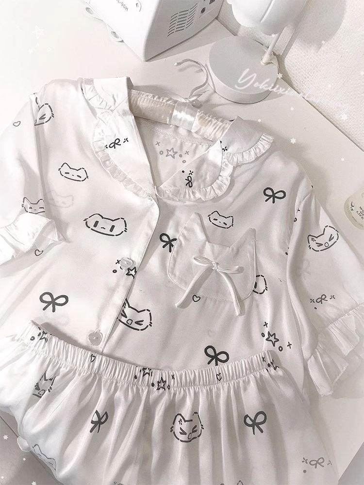 

Internet celebrities new bow cat pajamas women s summer short-sleeved shorts cardigan set soft cute loungewear two-piece set S