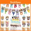 Schattige verjaardagsfeestdecoratieset met kattenthema, inclusief kleurrijke slingers en taarttoppers.