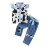 Baby Girl 2Pcs Western Outfits Fly Sleeve Cow Print Shirt + Denim Pants Set Toddler Clothes