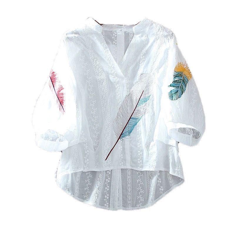 Summer Loose Cotton Blouse Lace V-neck Embroidered Balloon Sleeve Shirt Women's Top