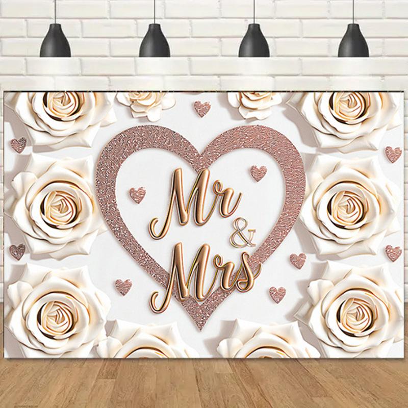 1pc Mr & Mrs Wedding Backdrop with Heart&White Roses,Party Banner for Weddings,Romantic Photo Background Decor,Wall Decor,Reusable Supplies