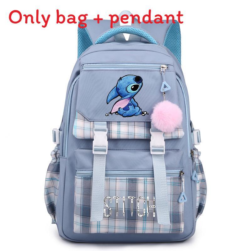 Cute Girl Backpack For School With Stitch Print And Checkered Patchwork Design For Middle School Students