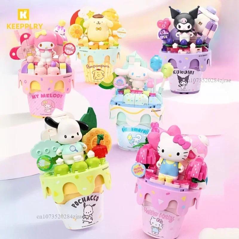 New Keeppley Sanrio Building Blocks Hello Kitty Kuromi Pochacco Cinnamoroll Ice Cream Cone Splicing Model Toy Ornaments Gift