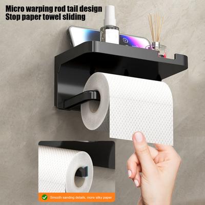 Toilet Paper Holder with Storage Shelf Strong Load-bearing Simple Installation Self-Adhesive Roll Paper Holder Bathroom Organizer