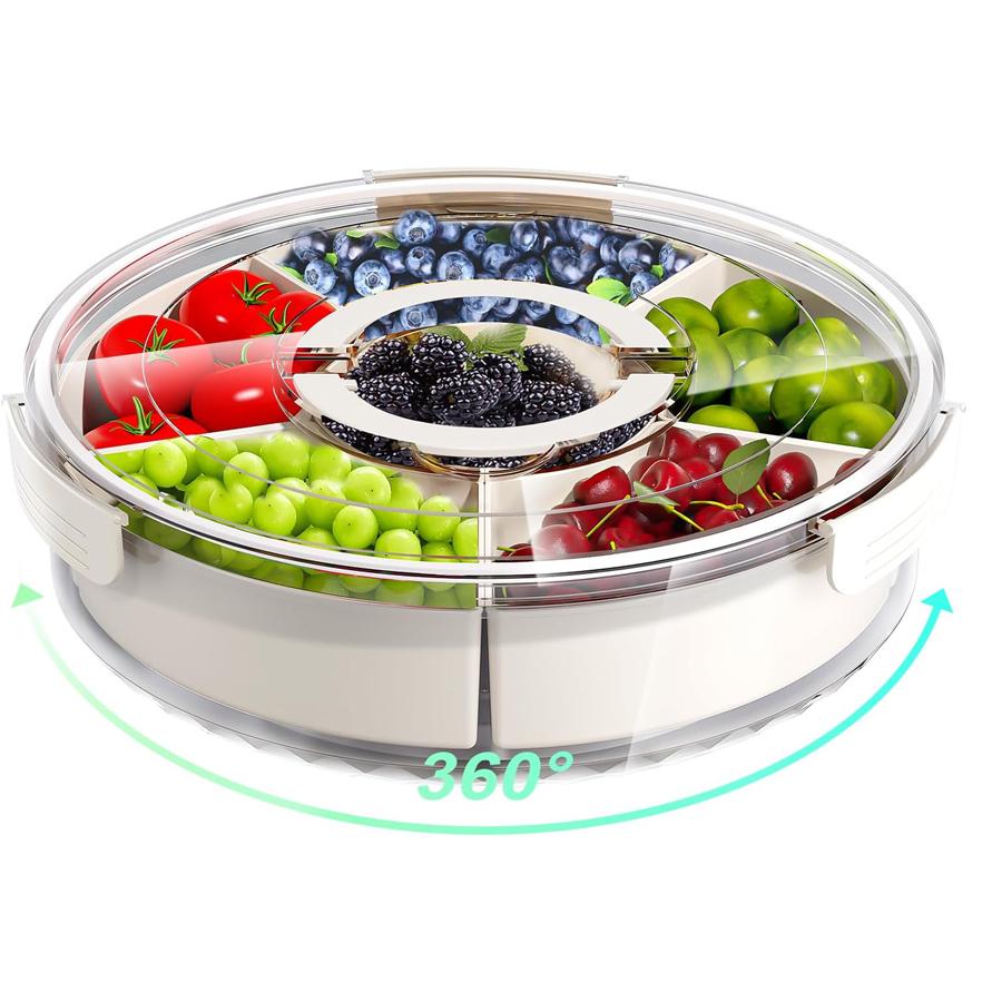 Rotating Veggie Tray Handle Divided Serving Tray Serving Tray with Lid,Portable Snack Spinner, Clear Fridge Organizer Storage