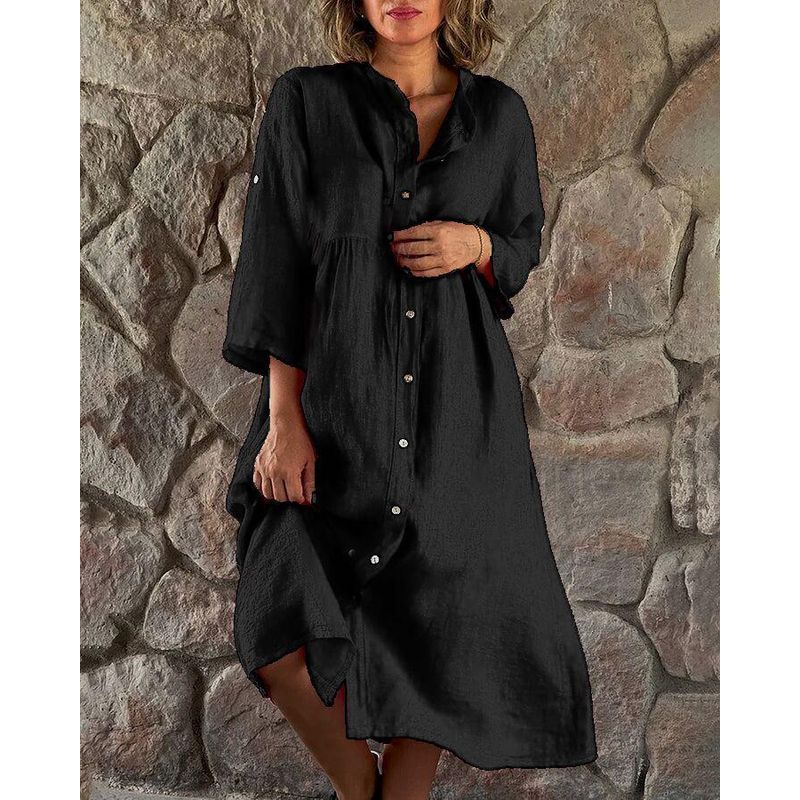 Women clothes New Solid Casual Stand Collar Button Length Dress Button Length Dress