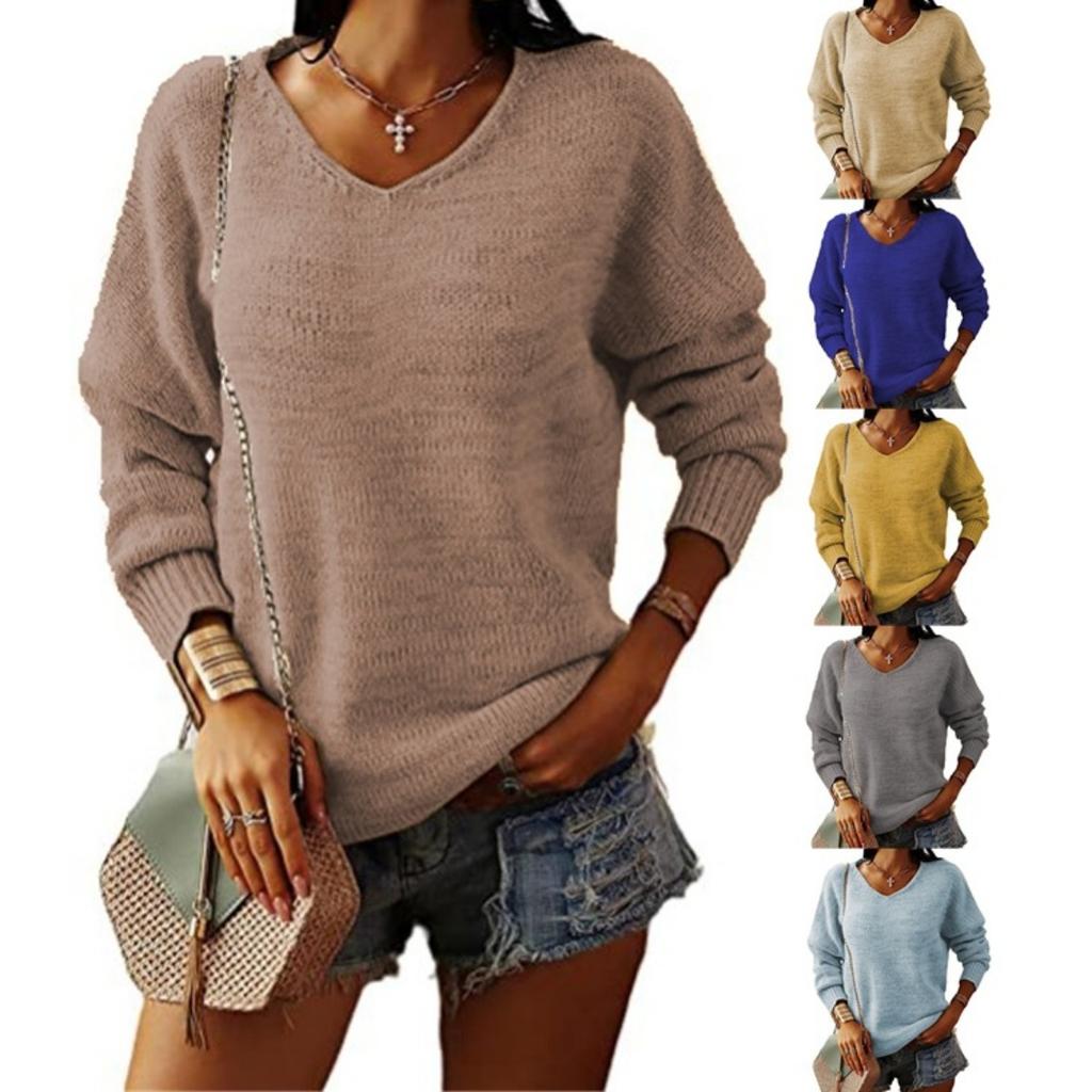 Women's Fall Winter Solid V-neck Loose Plus Size Knit Pullover Sweater