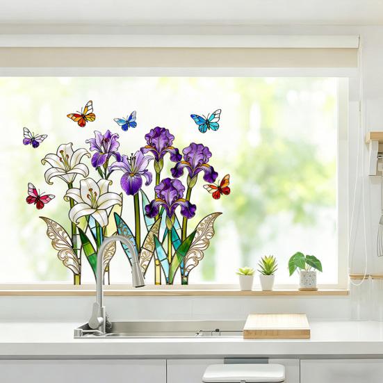 Colorful Spring Floral Window Cling Double-Sided Static Glass Sticker Stained Glass Effect Flowers Butterflies Window Decal for Kitchen Bedroom