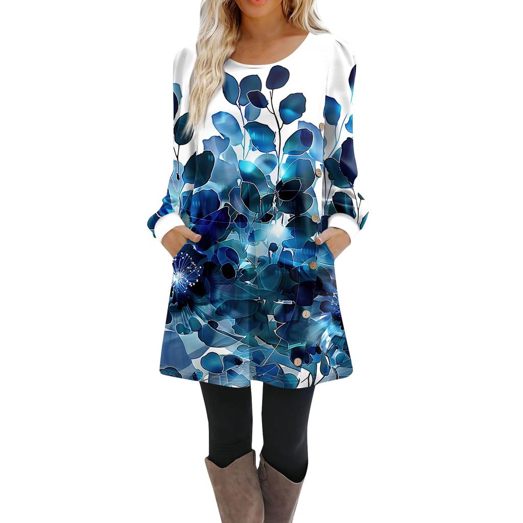 Damen Langarm A-Linien-Kleid Lässiger Pullover Mit Knopf Lockere Passform Kleid Mit Taschen