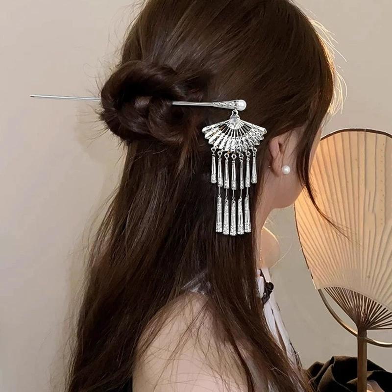 Chinese Style Butterfly Fan Tassel Hair Stick For Women Vintage Metal Hanfu Chopstick Hair Sticks Hair Accessories
