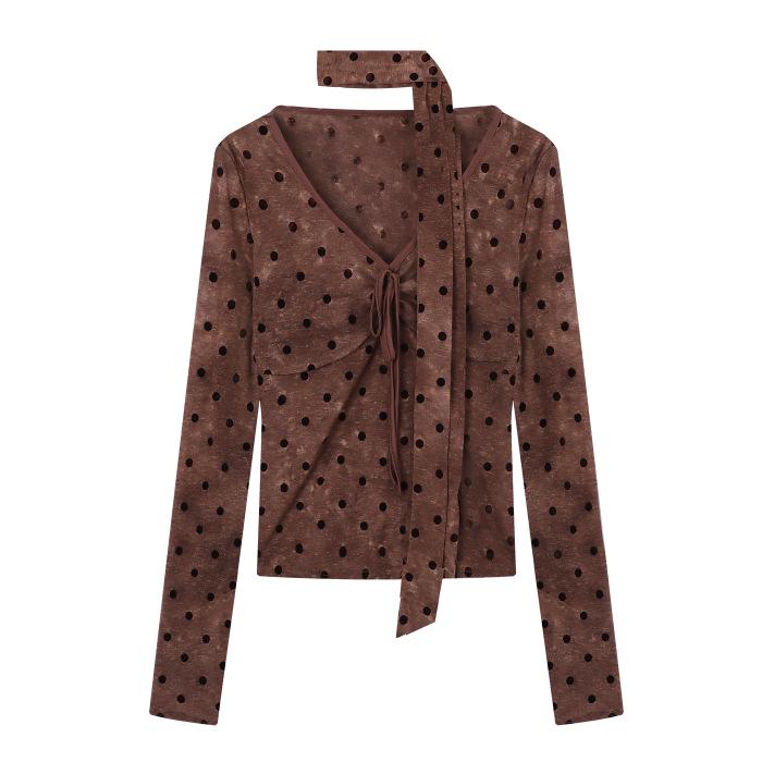 

French Polka Dot Lace-Up Sexy Slim Fit Long-Sleeve Retro T-Shirt in Coffee Minimum Order 500 Pieces