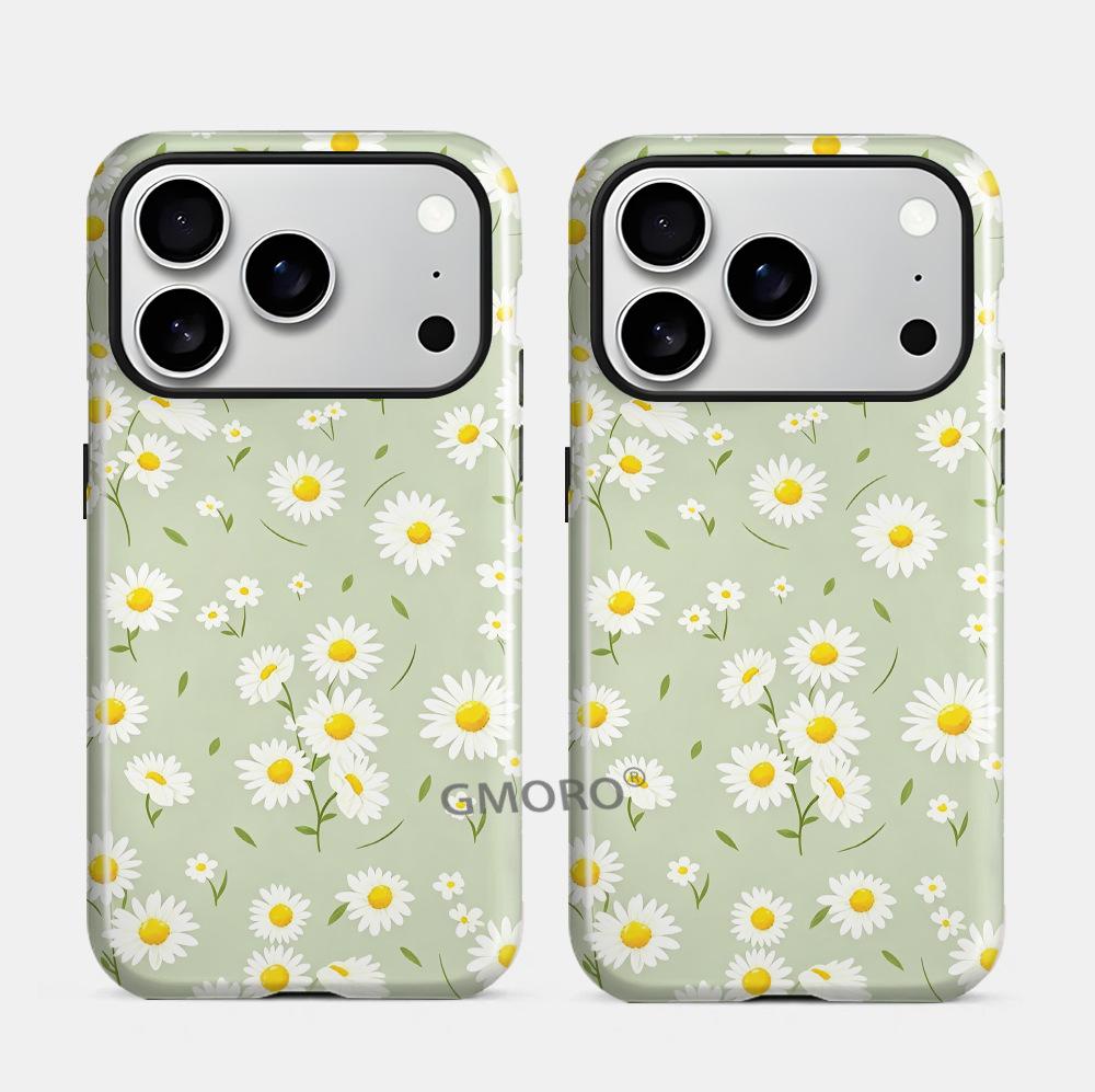 Light green small daisy floral mobile phone case iPhone14promax double-layer film case Apple 17 magnetic case 15