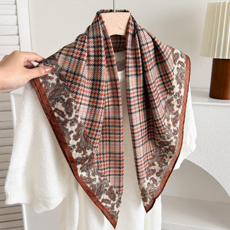 White polka dot peony flower small square scarf cotton and linen silk scarf women's high-end neck yarn air-conditioned room scarf shawl thin