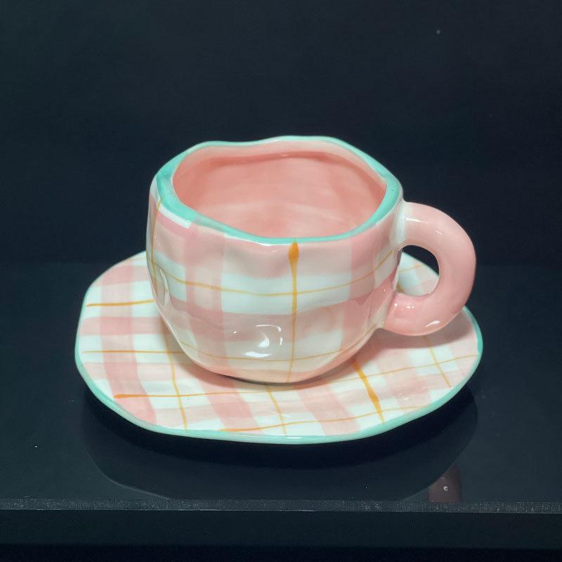 Japanese Underglaze Hand-Painted Green Pink Cloth Plaid Coffee Cup And Saucer Hand-Pinched Irregular Ceramic Cup And Saucer Set 201-300ml