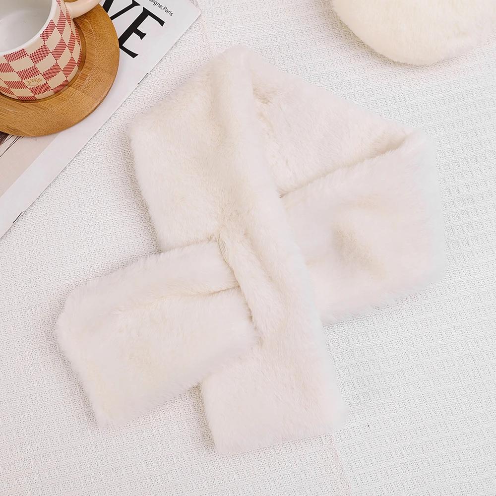 Cross Plush Scarf Winter Women Girls Solid Color Warm Faux Rabbit Fur Scarf Sweet Simple Comfortable Scarf Fashion Accessories