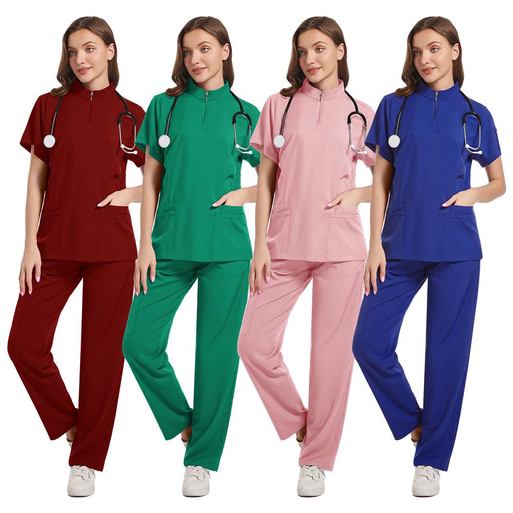 Zippered Stand-Up Collar Scrub Suit with Straight-Leg Pants In Solid Color for Healthcare Professionals