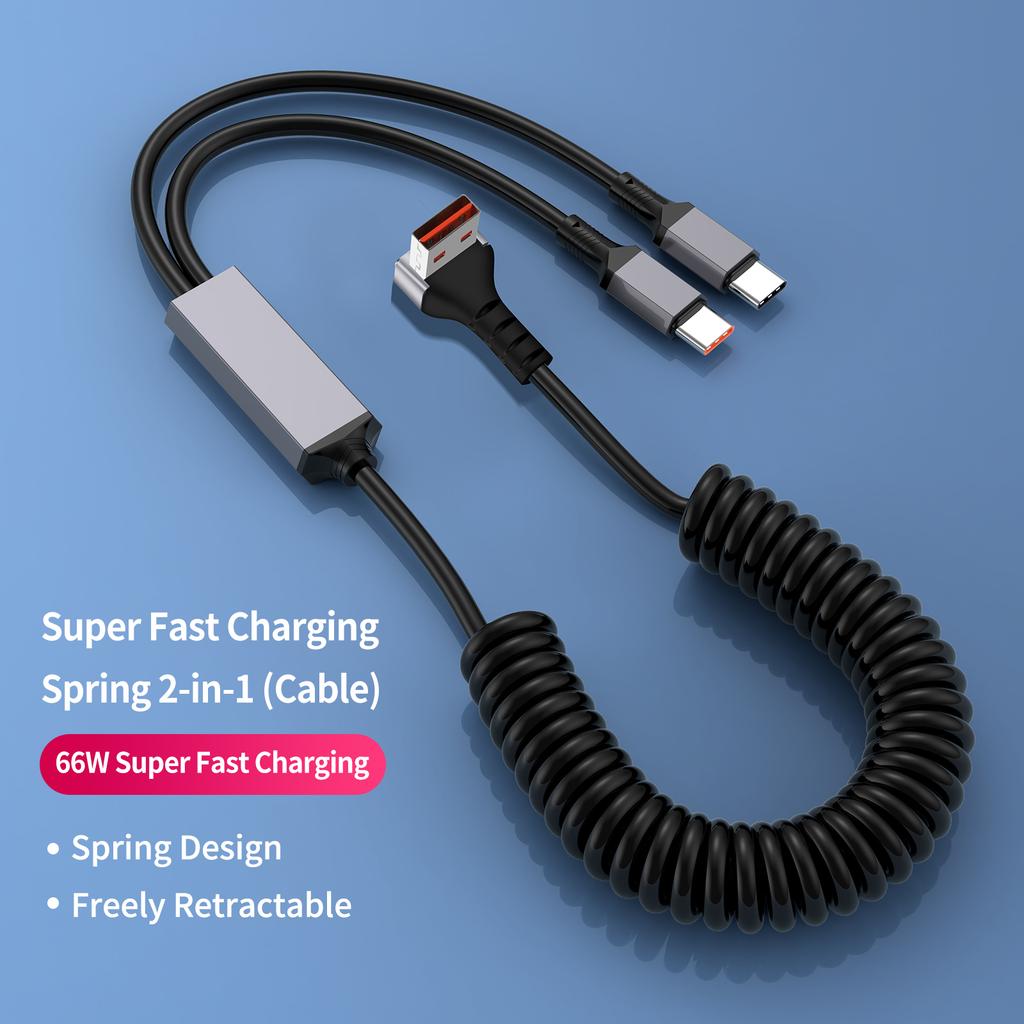 100W Super Fast Charging 2-in-1 Retractable USB-C & Type-C Coiled Data Cable 90-Degree Angled Design TPU Material for IPhone17