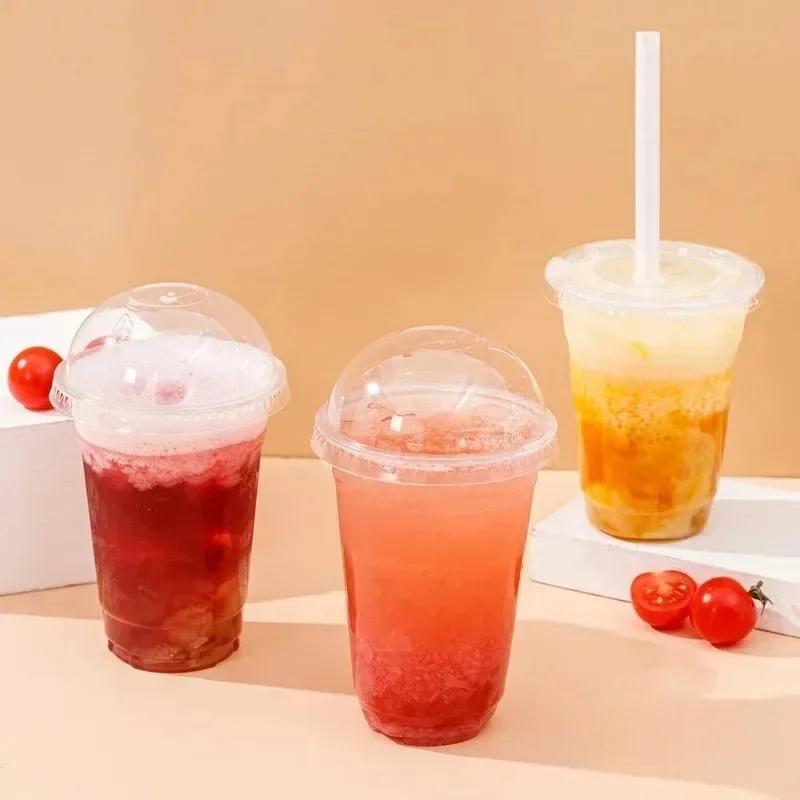 Plastic Beverage Cups with Lids Disposable Cold Drink Containers for Milk Tea Juice Iced Coffee Ice Cream Dessert Party Supplies