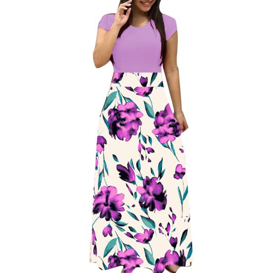 Damen O-Ausschnitt Lang Kurzarm Blumenmuster Großer Saum Tailleneng Maxi-Kleid