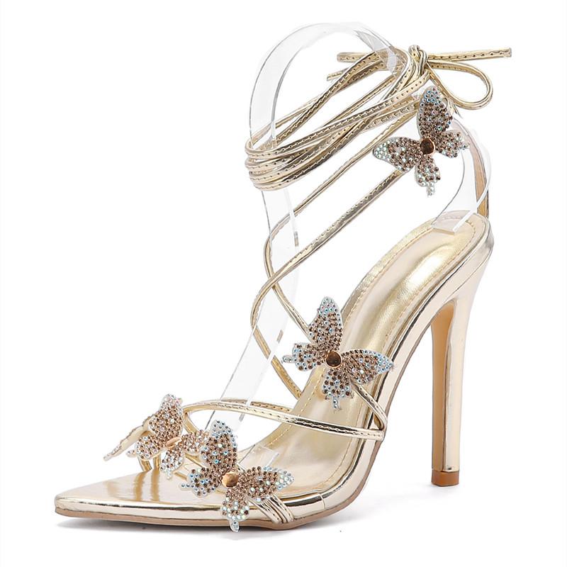 Mode Ins Stil Luxus Strass Schmetterling Damen Sandalen Sexy Knöchelriemen Schnürung High Heels Gladiatorensandalen Mode Sommerschuhe