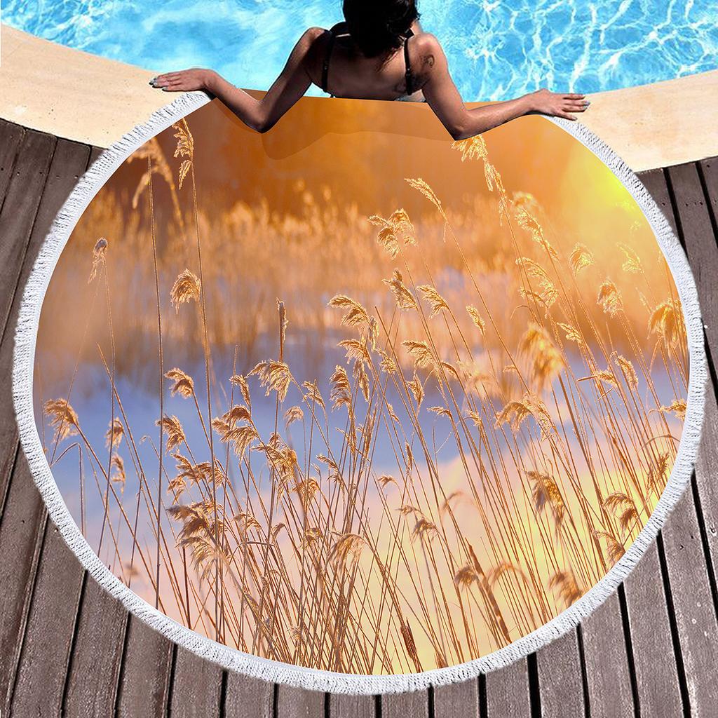 Wild Plant Fluttering Reed Round Beach Towel with Tassels,Polyester Beach Blanket,Soft Absorbent Quick Dry Pool Towel Picnic Mat