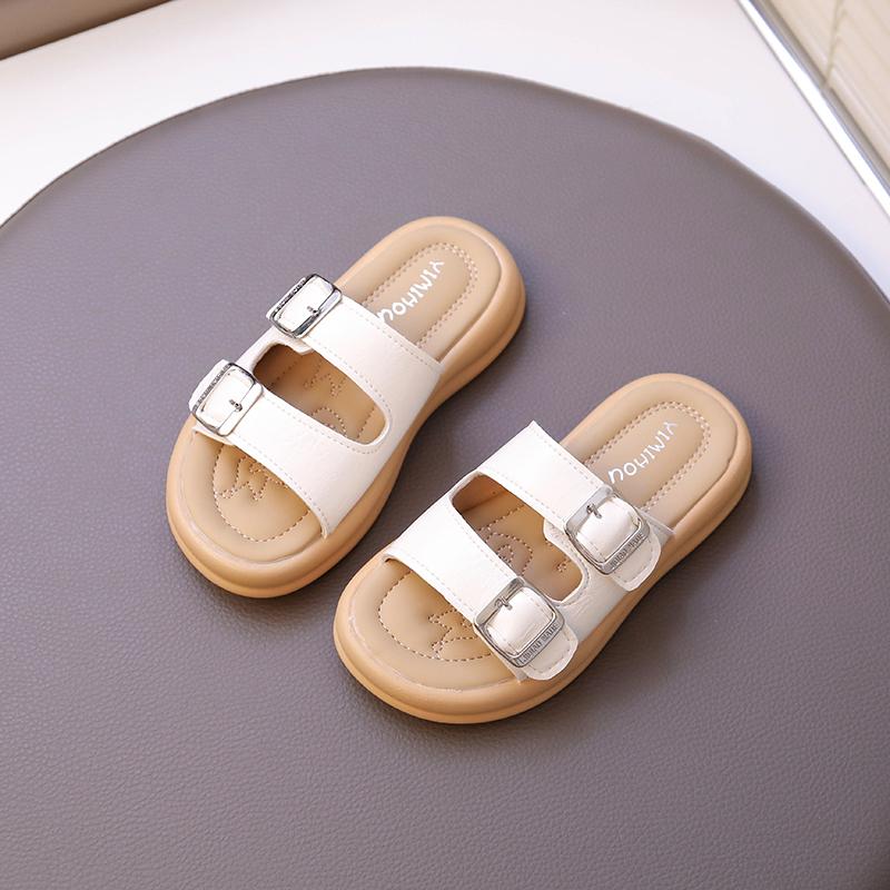 Children Slippers Outdoors Retro Kids Beach Shoes Soft Sole Korean Style 2025 Summer New Girls Sandals Elegant Chic Sweet Chic