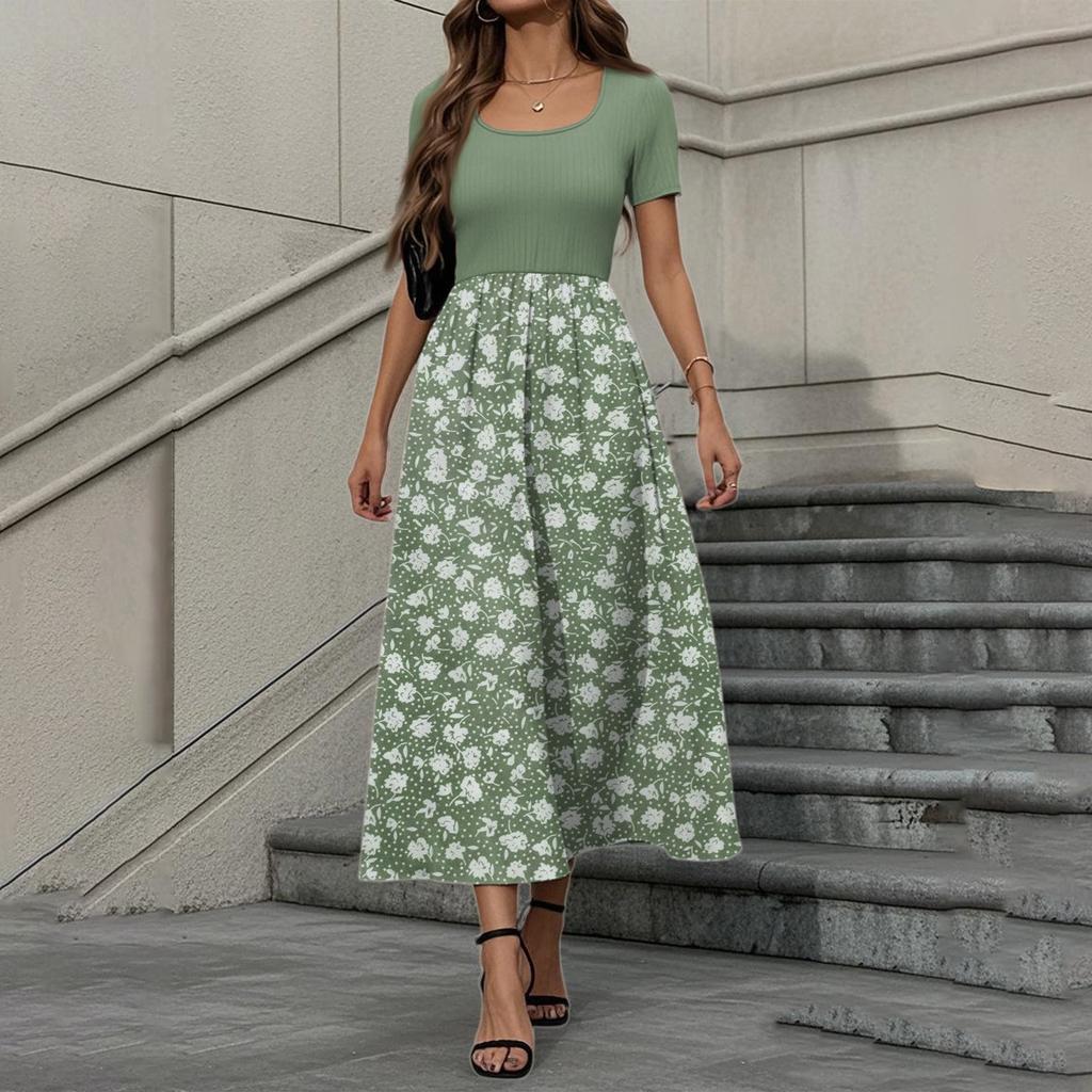 Women's Fashion Casual Short Sleeve Round Neck Splicing Floral Print Elegant Temperament Dress