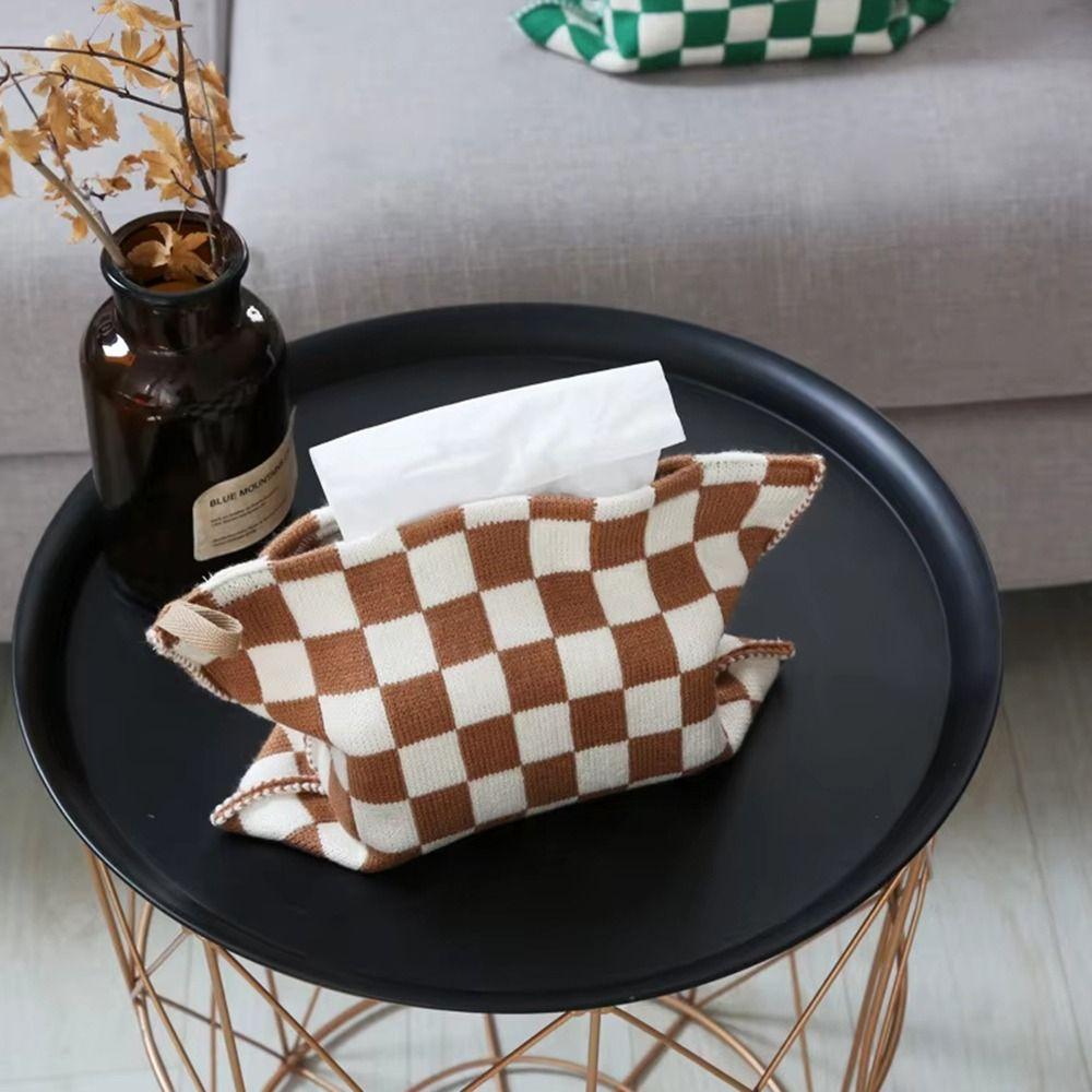 Reusable Knitted Tissue Bag Foldable Checkerboard Napkin Cover Soft Paper Storage Box Car