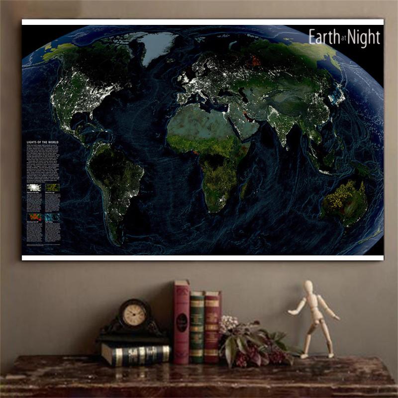 Decorative Hanging Picture The World Map of Earth At Night Map for Home/Office/Living Room Wall Decor Crafts Painting