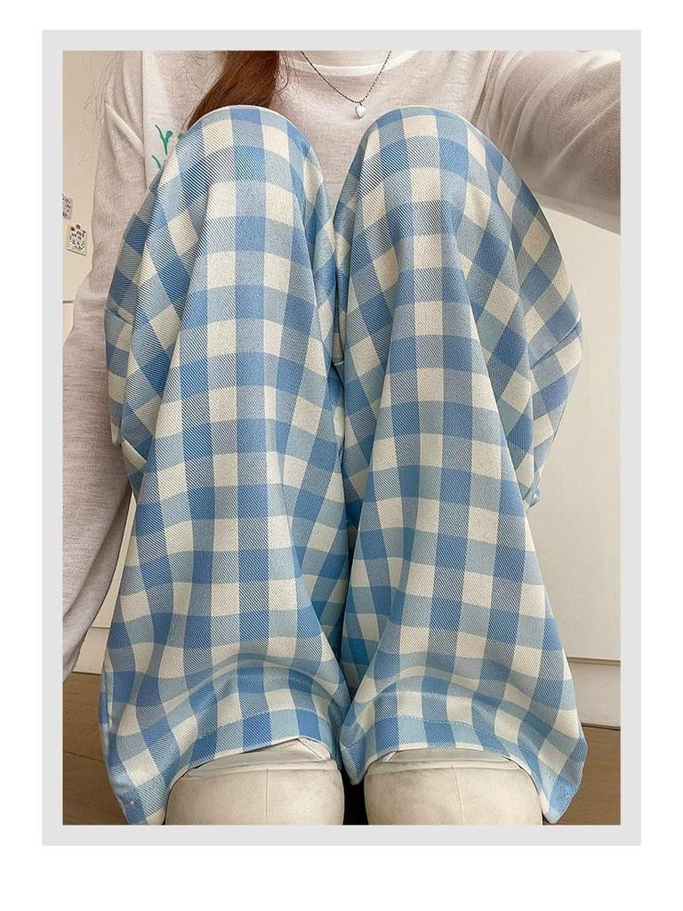 Petite Blue & White Checkered High Waist Summer Pants - Women's Casual Straight Leg Stroll Style