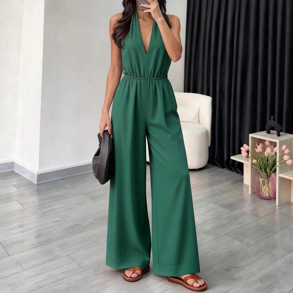 Women Sleeveless V Neck Halter Neck Jumpsuit Wide Leg Elastic Waist Casual One Piece Romper