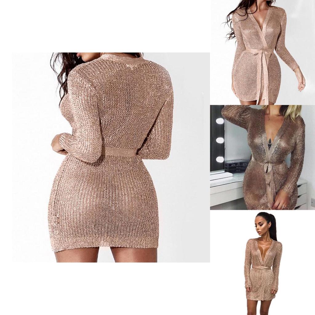 Women Hollow Out Sexy Long Belt Dress Jacket Featuring Knitted Sleeve Stylish Lingerie Dress
