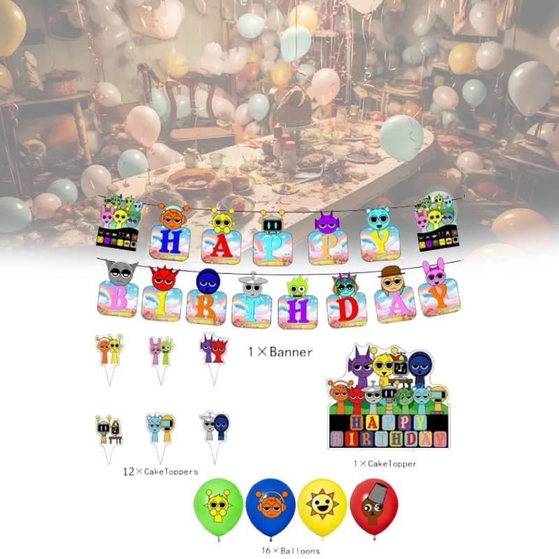 Festive Incredibox Sprunki Birthday Party Decoration Set With Colorful Balloons And Banners