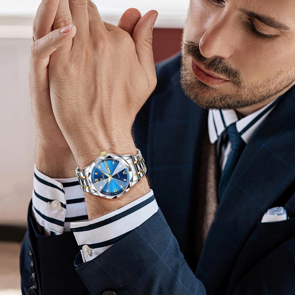 L LAVAREDO Stainless Steel Analog Quartz Date Silver Men's Watch, Fashionable, Casual, Business, Waterproof, Display, Blue-Black