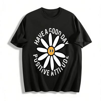 Smiley Daisy Print Casual Tee Keep Good Mood Positive Attitude Daily Top Pure Cotton T-shirt