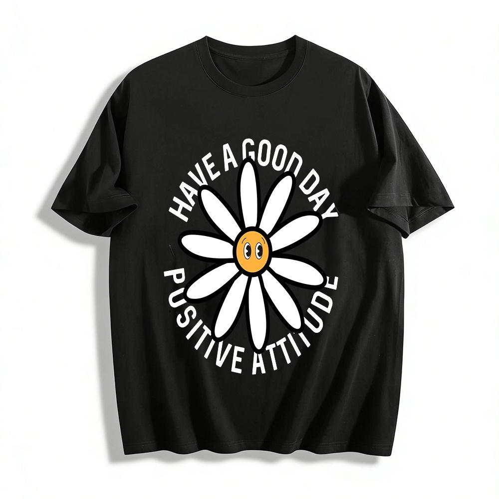 

Smiley Daisy Print Casual Tee Keep Good Mood Positive Attitude Daily Top Pure cotton T-shirt 6XL