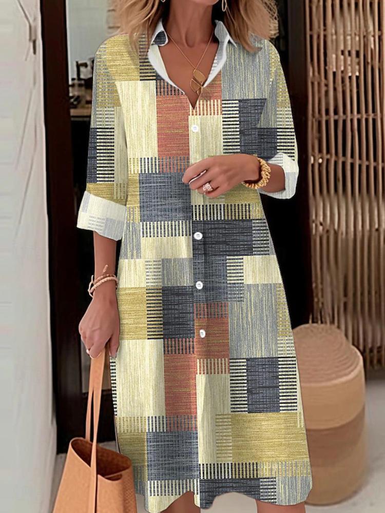 

Женское клетчатое платье-рубашка с принтом, элегантное повседневное платье с длинным рукавом и пуговицами, свободное платье, женская одежда, осенний новый халат 5XL