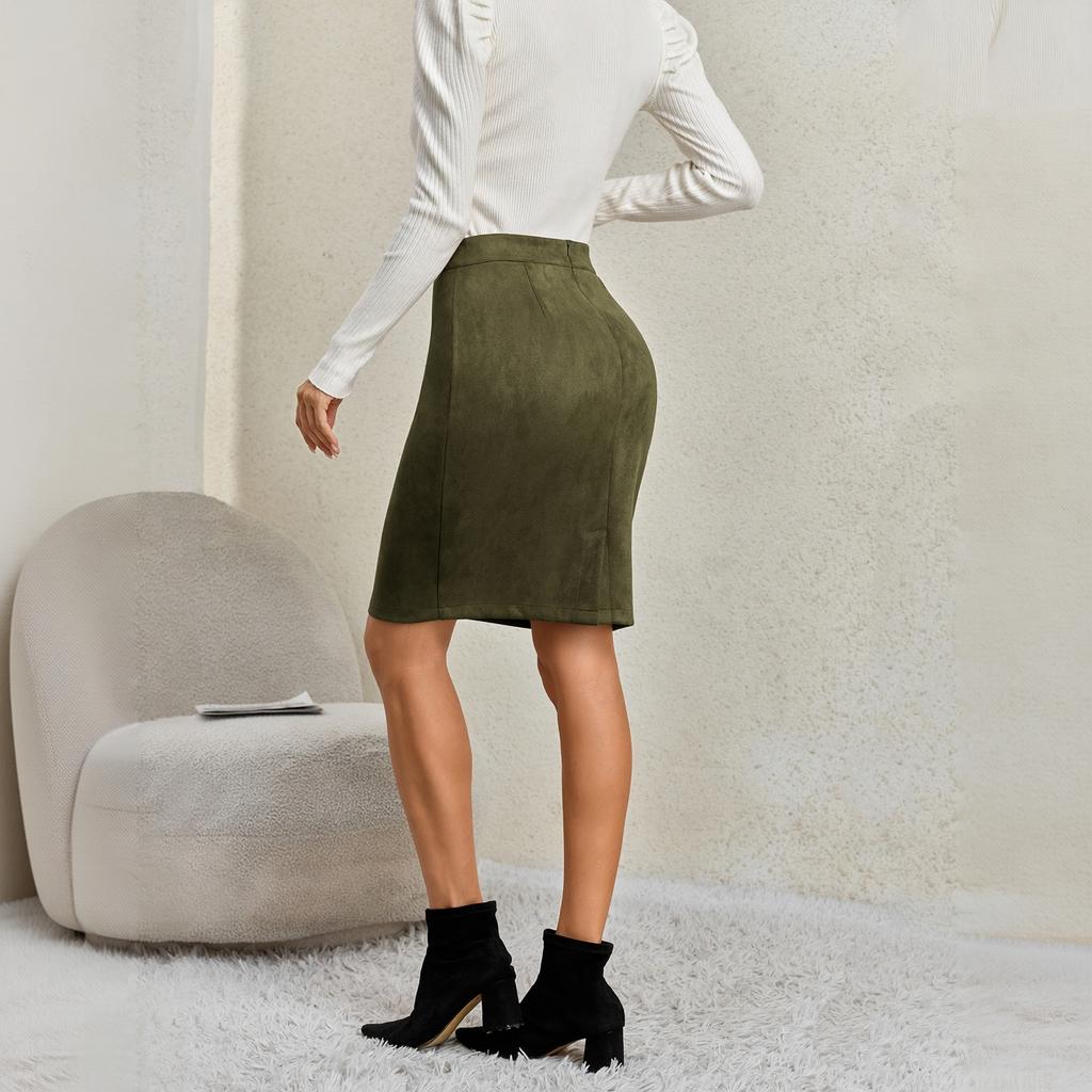 Women's High Waist Zip-Up Bodycon Midi Skirt for Fall and Winter