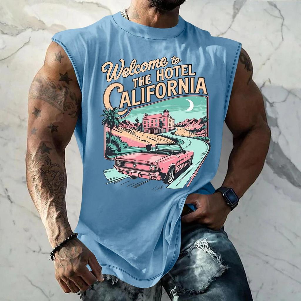 Men Sleeveless Tank Top Loose Fit Breathable Muscle Shirt Vintage Graphic Print Casual Streetwear Summer Sportswear