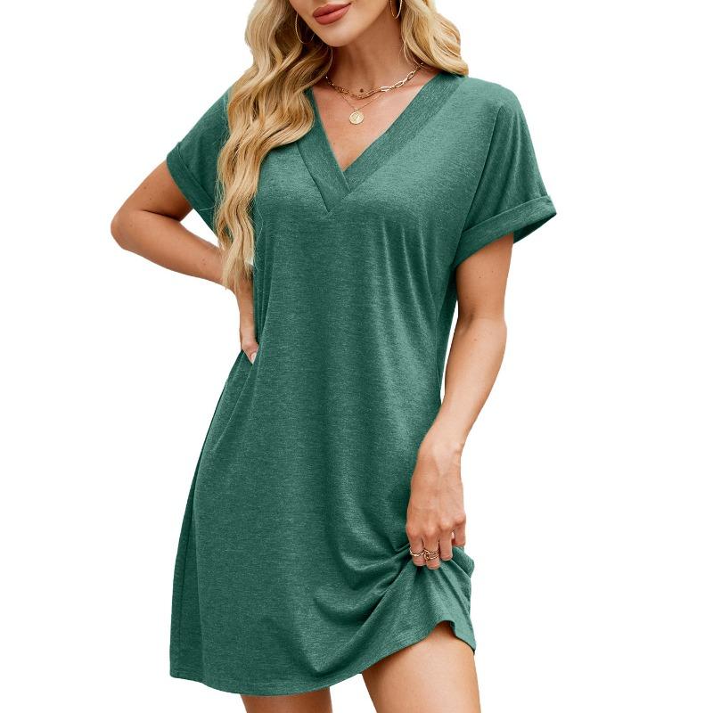 Women's Spring/summer Solid Color V-neck Loose Short-sleeved Casual Dress
