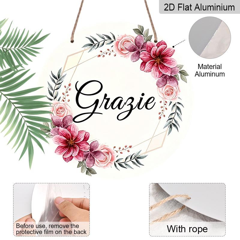 2D Flat Retro Aluminum Wall Stickers In Various Sizes. "Grazie" Watercolor Floral Thank-you Wall Hanging, with A Gentle and Fresh Style. A Perfect