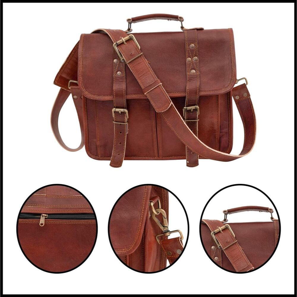 Vintage Goat Leather Messenger Real Satchel Genuine Laptop Brown Briefcase Bag