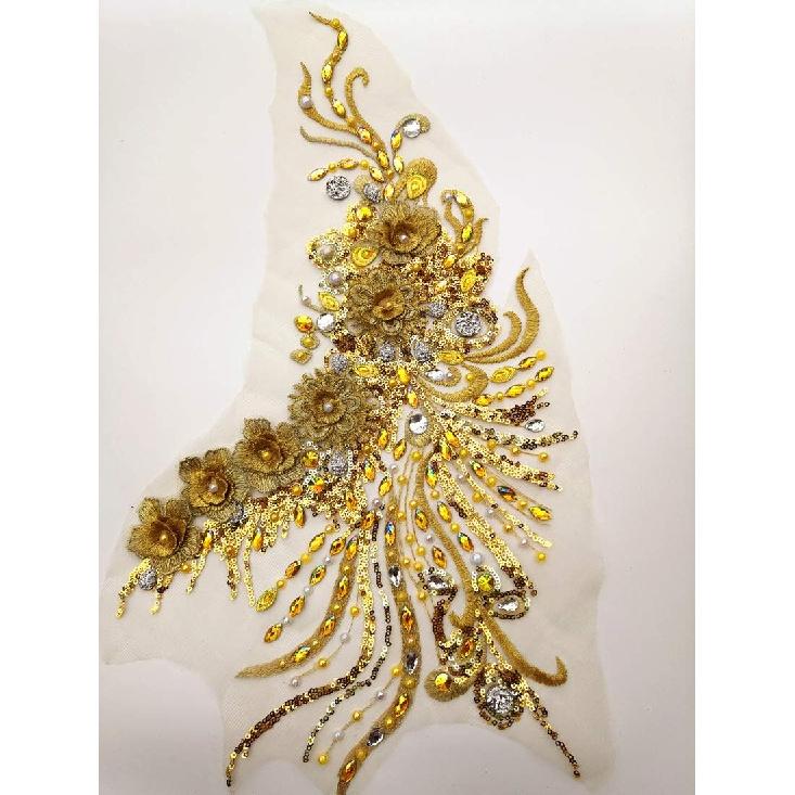 Handmade Sewn on The Web 3D Lace Rhinestones Applique Crystal Patches with Stones Sequins Beads Wedding Dress Accessories (Yellow)