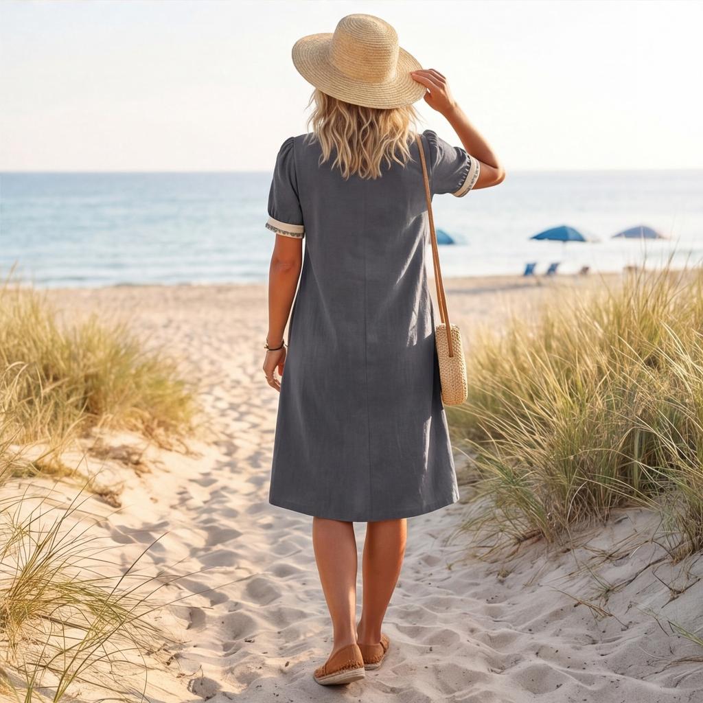 Ladies Casual Loose Bubble Sleeve Dress V Neck Mid Length Summer Dress Lightweight Comfortable Fabric Simple Design