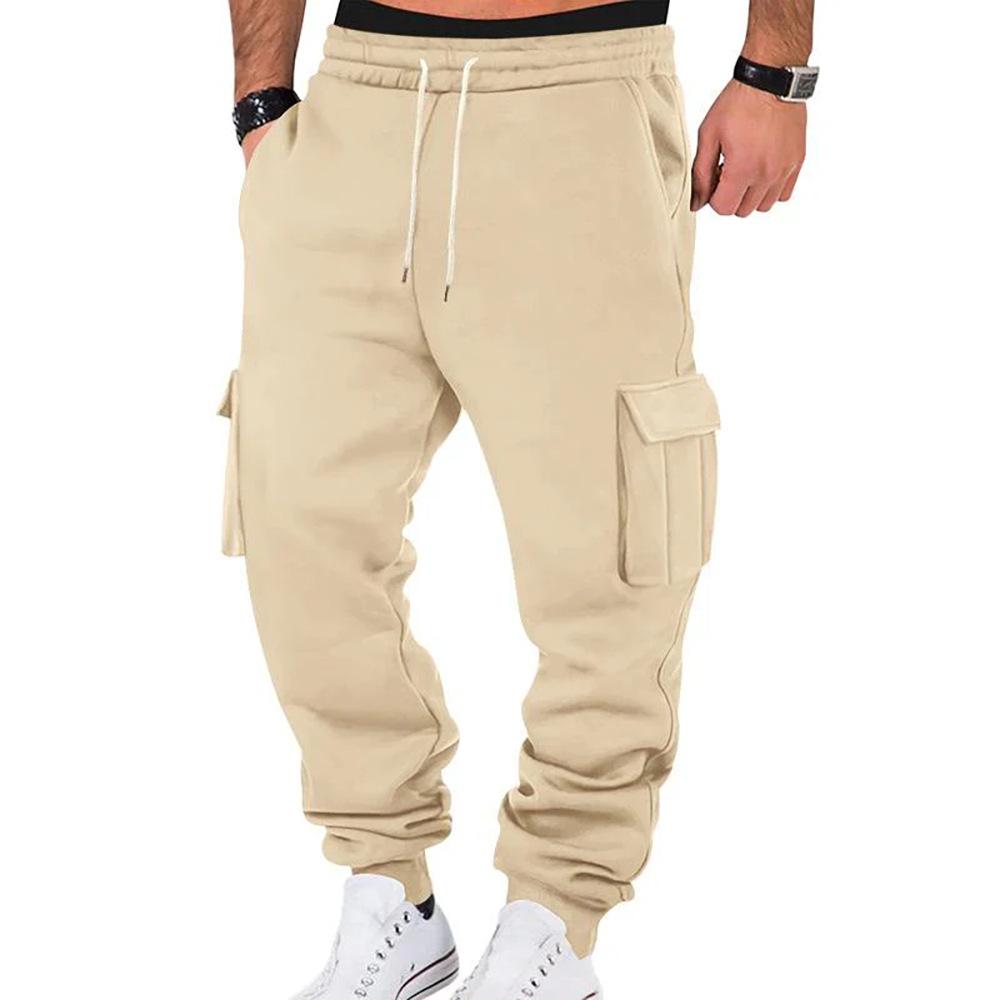 Mens Retro Casual Cargo Pants Loose Multi Pocket Drawstring Long Trousers