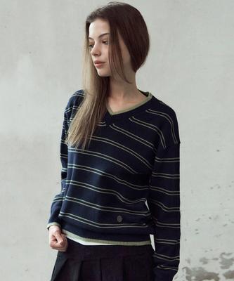 LEATHERY Cozy V-Neck Knit Pullover [Navy_St]