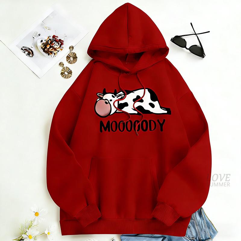 Cow Letter Print Drawstring Hoodie S-3XL spring hoodie Casual Long Sleeve Pocket Hoodie Sweatshirt Women's Clothing