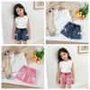 Baby Girls 2-Piece Outfit, Ribbed Ruffle Neck Top and Embellished Denim Shorts