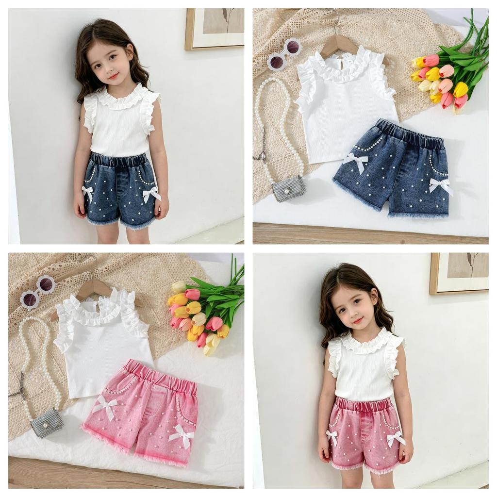 Baby Girls 2-Piece Outfit, Ribbed Ruffle Neck Top and Embellished Denim Shorts